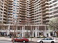 The Philadelphian, 2401 Pennsylvania Avenue, 19130, is a large, luxury condominium building, built in the early 1950's, but there has been a very recent replacement of all the windows and other exterior renovations. This view is from the north side of Fairmount Avenue, looking at the shops and second floor offices along the north side of the building.