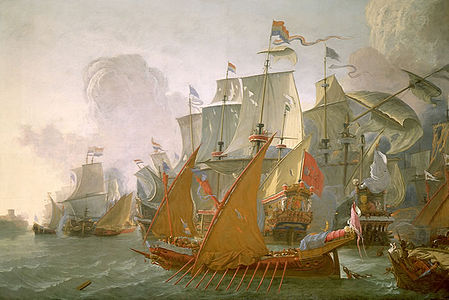 Un chébec barbaresque face à des vaisseaux néerlandais lors d’une des nombreuses expéditions contre Tripoli et les villes d'Afrique du nord aux XVIIe et XVIIIe siècles.