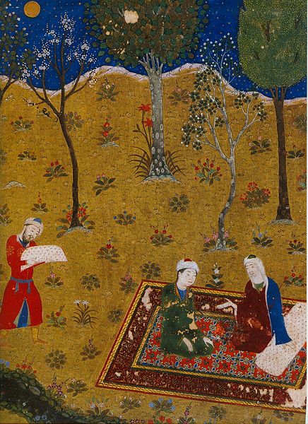 The poet Sa'di converses by night with a young friend in a garden. Miniature from Golestan. Herat, 1427. Chester Beatty Library, Dublin; workshops of 