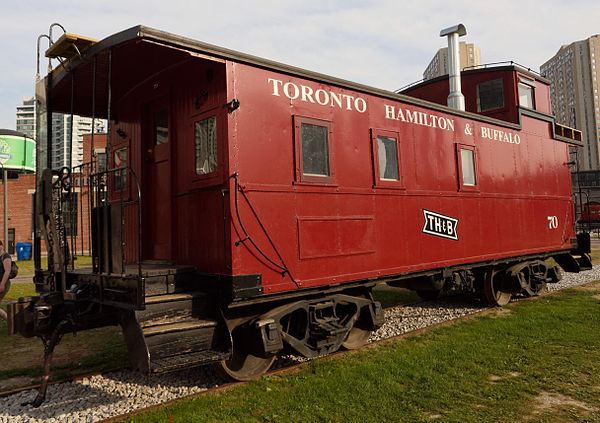 Caboose on display at Roundhouse Park in Toronto