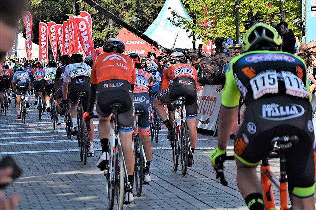 Riders at the finish of the 55th Presidential Cycling Tour of Turkey at Sultanahmet Square in Istanbul on April 21, 2019.