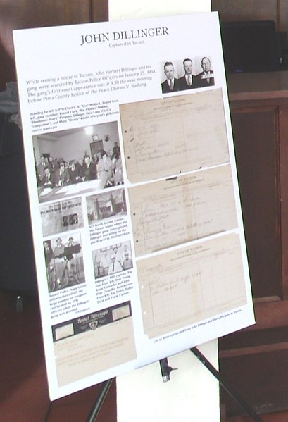 Display of newspaper clippings of the capture of John Dillinger and his gang in the old lobby of the Hotel Congress