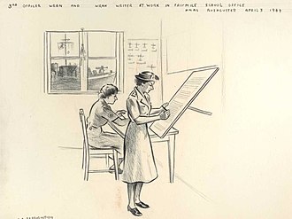 A sketch of two WRANS working in the Fairmile Training School at HMAS Rushcutter by official war artist Rex Julius Two WRANs at work at HMAS Rushcutter in April 1944 - Rex Julius.jpg