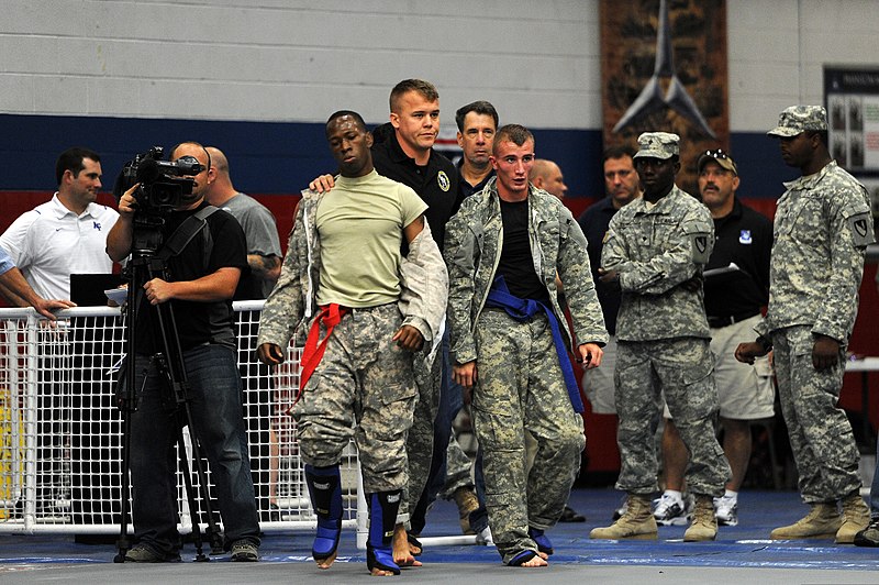 File:U.S. Army Spc. Larry Jackson, left, and Spc. Miles McDonald, with the Missouri Army National Guard, finish grappling in the semifinal rounds of the bantamweight division during the 2012 U.S. Army Combatives 120727-A-TZ867-453.jpg