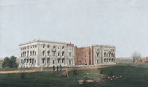 Det ej färdigställda Kapitolium efter förstörelsen av Washington DC. Akvarell och bläckskildring från 1814, restaurerad.