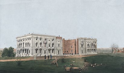 An 1814 watercolor and ink depiction of the United States Capitol after the burning of Washington, D.C. in the War of 1812. Painting by George Munger. US Capitol 1814c.jpg