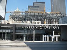 Union Station's southern entrance was opened in 2010. Renovations of the station's train sheds may be seen in the background.