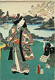 Utagawa Kunisada (1786-1864), Genji, modern, admiring cherry blossoms, 1859