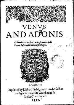 Title page of the first quarto edition of Shakespeare's Venus and Adonis, published this year Venus and Adonis quarto.jpg