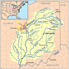 The water basin of the Wabash River; the other rivers (not including the Ohio River) are tributaries of the Wabash River. The Vermillion River (and its forks) is a highlighted example of a tributary of the Wabash River. The Wabash River is also a tributary of the Ohio River, which in turn is a tributary of the Mississippi River.