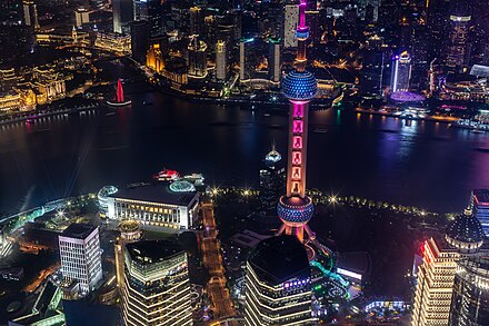 View from Shanghai Tower Observation Deck showing The Bund, Huangpu River, and The Oriental Pearl Tower