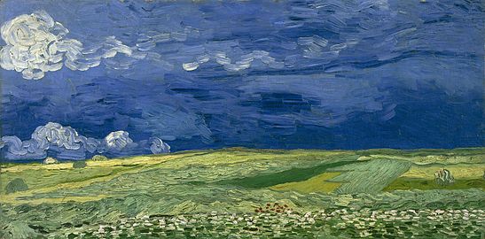 Wheatfield Under Thunderclouds (July 1890), one of the last paintings by Vincent van Gogh. He wrote of cobalt blue, "there is nothing so beautiful for putting atmosphere around things."