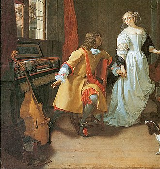 Detail from a painting by Jan Verkolje, Dutch, c. 1674, Elegant Couple (A Musical Interlude). The theme is similar to the classic Music Lesson genre, and features a bass viol, virginal, and cittern (in the woman's hand, out of frame in this detail; see full image). This image highlights the domestic amateur class of viol players. Viol VerkoljeJan Dutch 1674.jpg