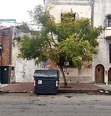 Se observa el frente de una casa, por delante un container de basura y un árbol que ocultan el mural de la fachada de la casa.