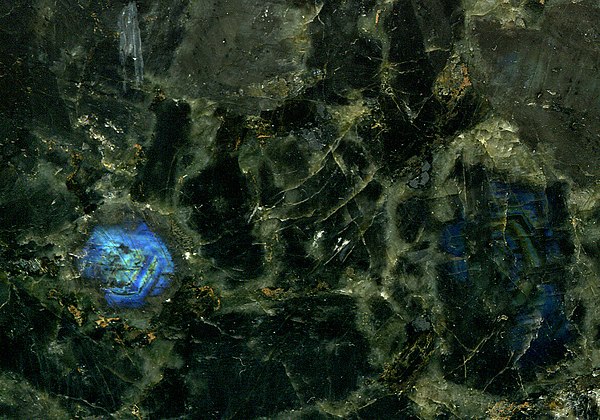 "Volga Blue Granite" (anorthosite), a popular decorative stone quarried between the cities of Korosten and Zhytomyr, central Zhytomyr Oblast.