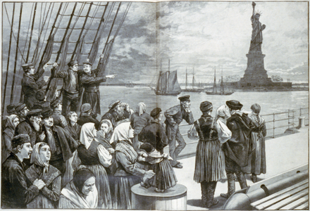 The Statue of Liberty, a famous landmark of New York City and United States, greets the newly arrived immigrants, located near Ellis Island where millions of immigrants first touched U.S. soil.