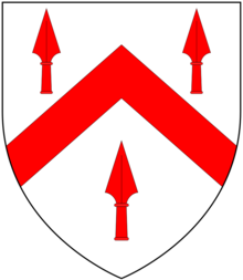 Arms of Whiddon: Argent, a chevron between three spearheads gules WhiddonArms.png