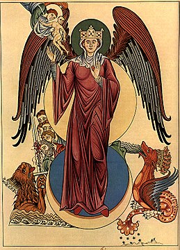 An illustration of the woman of the Apocalypse in Hortus deliciarum (redrawing of an illustration dated c. 1180), depicting various events from the narrative in Revelation 12 in a single image