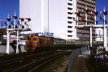 The Australind departs Perth in March 1986 hauled by an X class