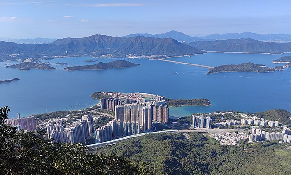 View of Wu Kai Sha in 2022. Tolo Harbour, Pat Sin Leng and Plover Cove Reservoir are visible in the background.