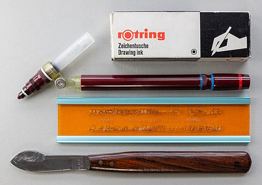 Technical pen, lettering guide and erasing knife