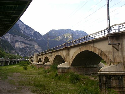 Bridges across the Avisio river bed just before confluence with Adige in Trento