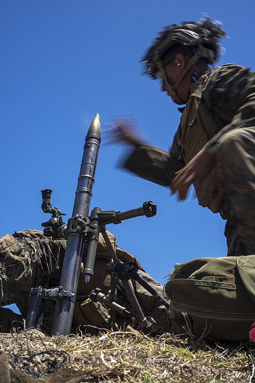 U.S. Marines with 1st Battalion, 3rd Marines fire a 60mm mortar system during platoon attacks as part of Large Scale Exercise 2021, Marine Corps Base 