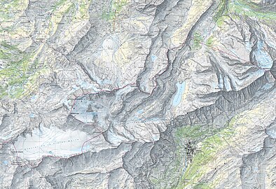 Swisstopo-Karte mit dem Gletscher Glacier de la Plaine Morte, dem Steghorn, dem Daubensee und den Bergen bei Leukerbad,