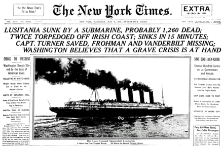 The New York Times article expressed the immediate recognition of the serious implications of the sinking, this lead story on 8 May having a section (below what is pictured here) titled "Nation's Course in Doubt".[70]