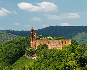 Blick auf die Ruine von Südosten, dahinter der Pfälzerwald