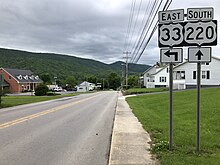 US 33 eastbound and US 220 southbound in Franklin 2019-05-14 10 48 23 View east along U.S. Route 33 and south along U.S. Route 220 (Main Street) at Crigler Lane in Franklin, Pendleton County, West Virginia.jpg
