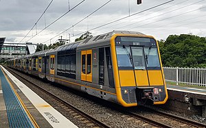 2020-04-08 Tanraga train T45 at Heathcote railway station, Sydney (cropped).jpg
