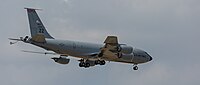 A KC-135R Stratotanker, tail number 62-3565, on final approach at Kadena Air Base in Okinawa, Japan in March 2020. It is assigned to the 909th Air Refueling Squadron at Kadena AB.