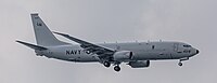 A US Navy P-8 Poseidon, tail number 168429, on final approach at Kadena Air Base in Okinawa, Japan.