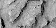 Close view showing blocks being formed, as seen by HiRISE under HiWish program. Note: this is an enlargement of the previous image. Box represents the size of a football field.