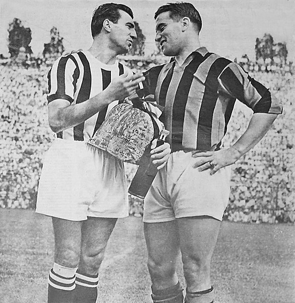 From left to right: Juventus' Parola and AC Milan's Nordahl prior a friendly match at San Siro in 1950