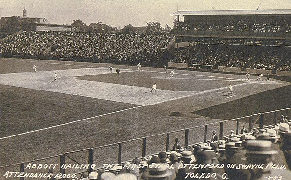 "Abbot Nailing the First Steal Attempded [sic] on Swayne Field" 1909