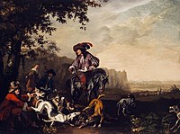 Höfischer Edelmann zu Pferd im Kreise seiner Jagdgefährten bei Sichtung der Jagdbeute 1646-1691. oil on panelmedium QS:P186,Q296955;P186,Q106857709,P518,Q861259. 91 × 122 cm (35.8 × 48 in). Munich, Hampel Fine Art Auctions Munich.