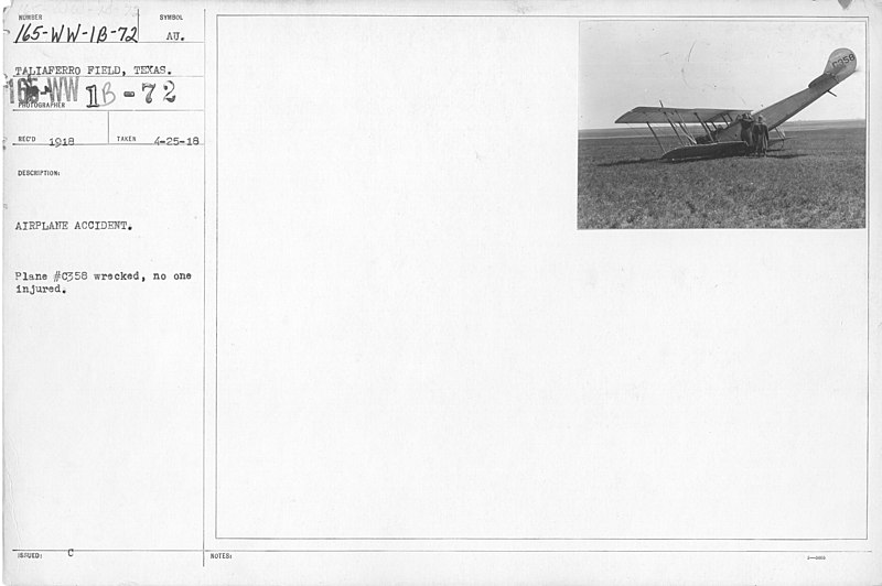 File:Airplanes - Accidents - Airplane Accident. Plane -C358 wrecked, no one injured. Taliaferro Field, Texas - NARA - 17338081.jpg