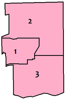 Map of Ajax's three wards Ajax ward map 2018.png