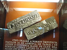 A reproduction of the "Decebalus per Scorillo" inscription Alba Iulia National Museum of the Union 2011 - Decebalus Per Scrorilo.JPG