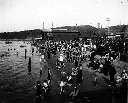 Alki Point bathing beach, 1930, by Asahel Curtis