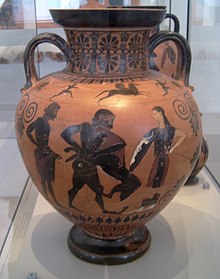 Amphora from the outskirts of Group E, also depicting Herakles' fight with the Nemean lion, of about the same age and now displayed with Amphora F 1720 Altes Museum Berlin - Antikensammlung07 editDB.jpg