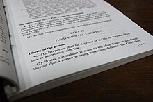 Article 9(1) in the 1999 Reprint of the Constitution of Singapore, which prohibits the deprivation of life or personal liberty save in accordance with law Article 9 of the Constitution of the Republic of Singapore (1999 Reprint).jpg