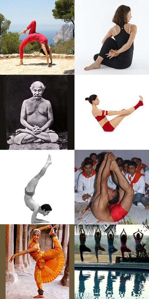 Asanas in varied contexts. Left to right, top to bottom: Eka Pada Chakrasana; Ardha Matsyendrasana; Padmasana; Navasana; Pincha Mayurasana; Dhanurasan