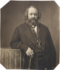 Mikhail Bakunin (1814-1876) an emigre from Tsarist Russia, was an anarchist theoretician and competitor with Marx for control of the IWA. Bakunin.png