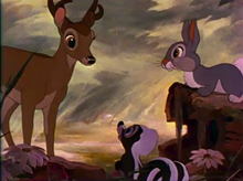 Adult Bambi, along with his friends Thumper (bunny) and Flower (skunk). Bambi 1942 trailer- 00 min 29 s.png