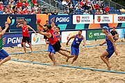 Deutsch: Beachhandball Europameisterschaften 2019 (Beach handball Euro); Tag 5: 6. Juli 2019 – Männer, Halbfinale, Dänemark-Ungarn 2:0 (19:16, 22:18) English: Beach handball Euro; Day 5: 6 July 2019 – Semifinal Men – Denmark-Ukraie 2:0 (19:16, 22:18)