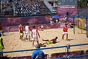 Deutsch: Beachhandball bei den Olympischen Jugendspielen 2018; Tag 4, 10. Oktober 2018; Jungs, Vorrunde, Gruppe A - Spanien-Venezuela 2:0 English: Beach handball at the 2018 Summer Youth Olympics at 10 October 2018 – Boys Preliminary Round Group A – Spain-Venezuela 2:0