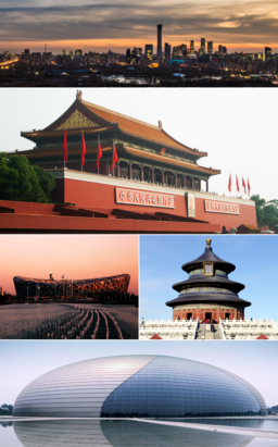 överst: Pekings centrala finansdistrikt näst överst: Himmelska fridens port vänster: Pekings Nationalstadion höger: Himmelens tempel nederst: Nationella centret för scenkonst